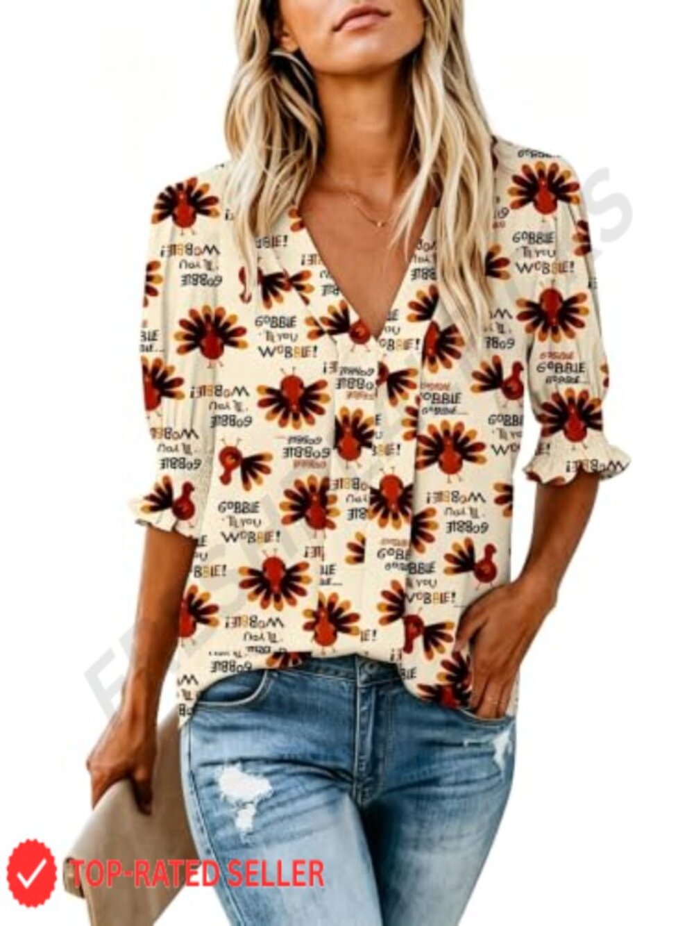 Women V Neck Smocked Sleeve Thanksgiving Blouse Peasant Top